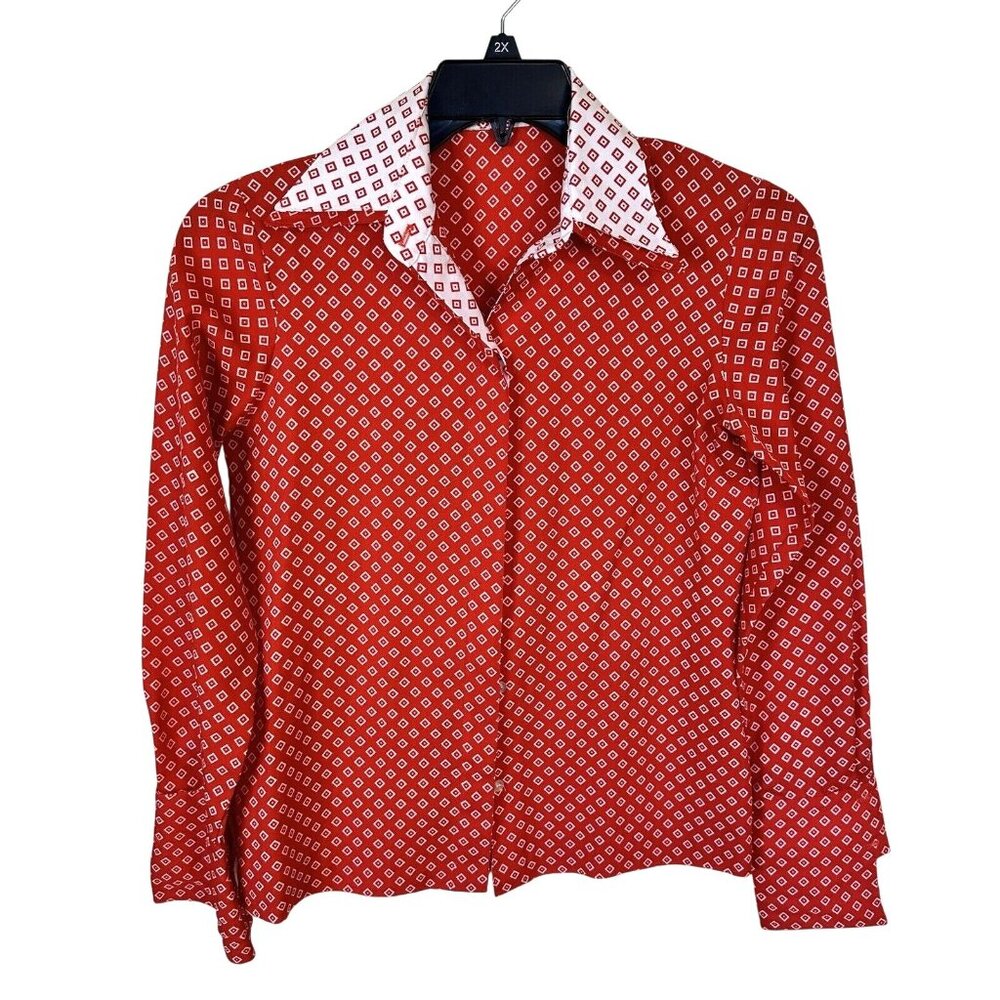 Vtg 1970s Womens Shirt Red & White Polyester Butterfly Collar Small Top Disco